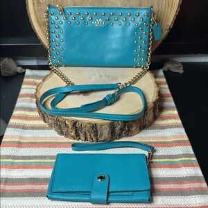 Coach Quinn Teal Studded Crossbody Bag and Wallet Set